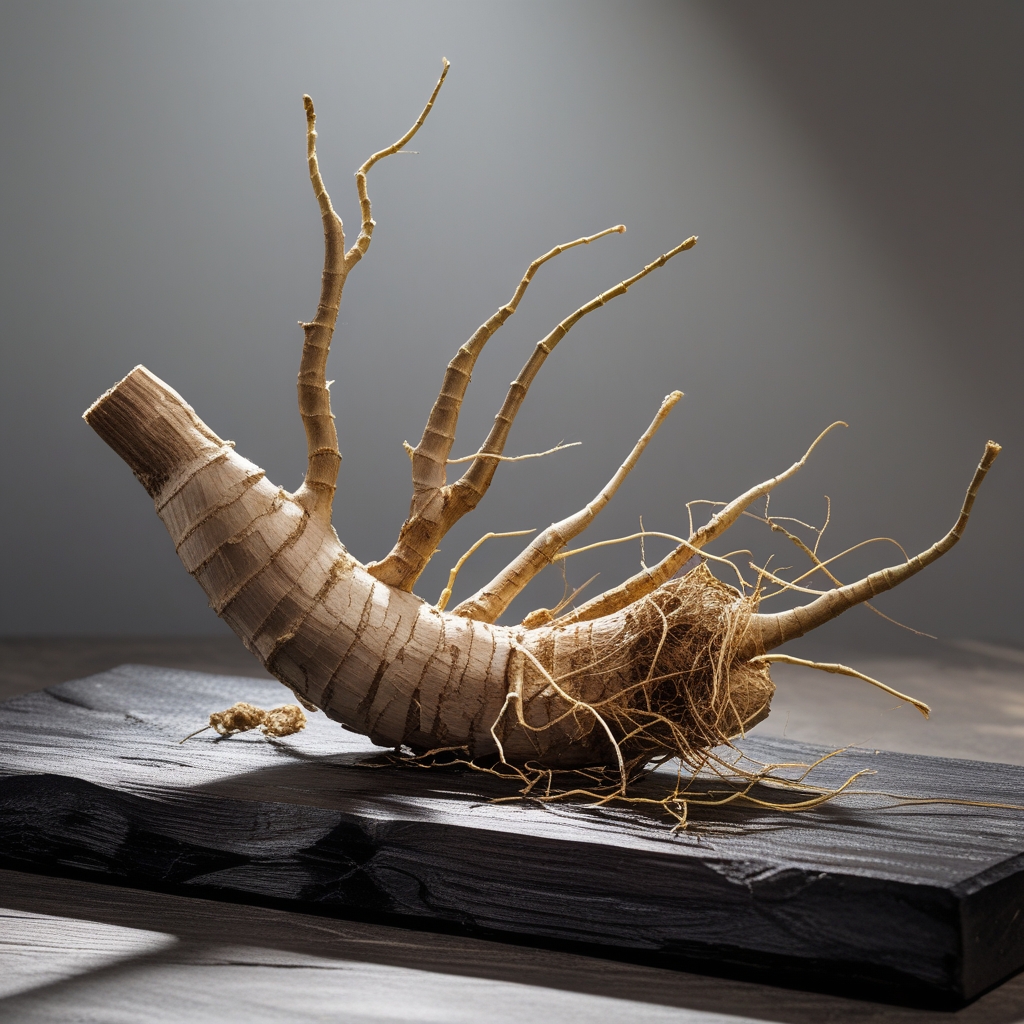 Korean ginseng root with forked shape and thin rootlets resting on dark polished wood with soft overhead diffused lighting highlighting its textured surface