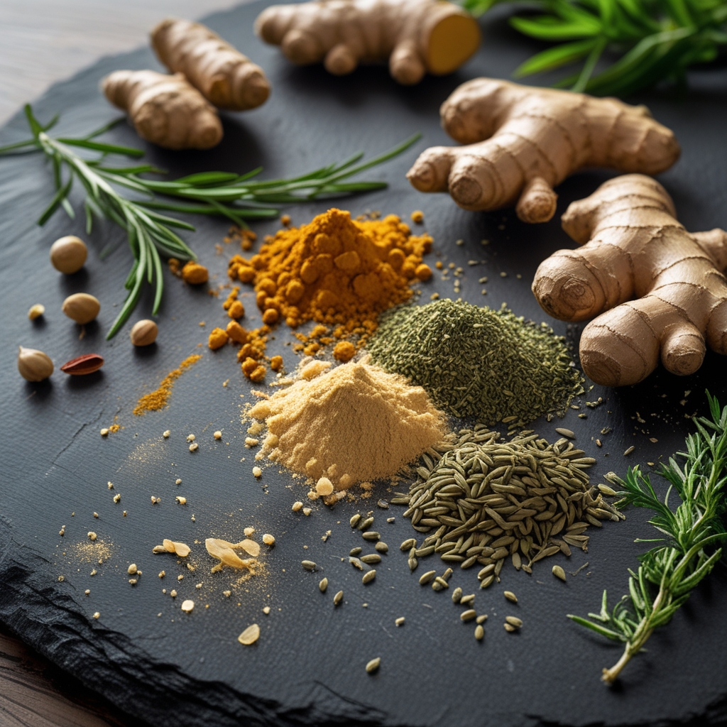 Close-up of assorted whole natural ingredients including ginger root, turmeric, green herbs and seeds arranged on a dark slate surface with dramatic side lighting