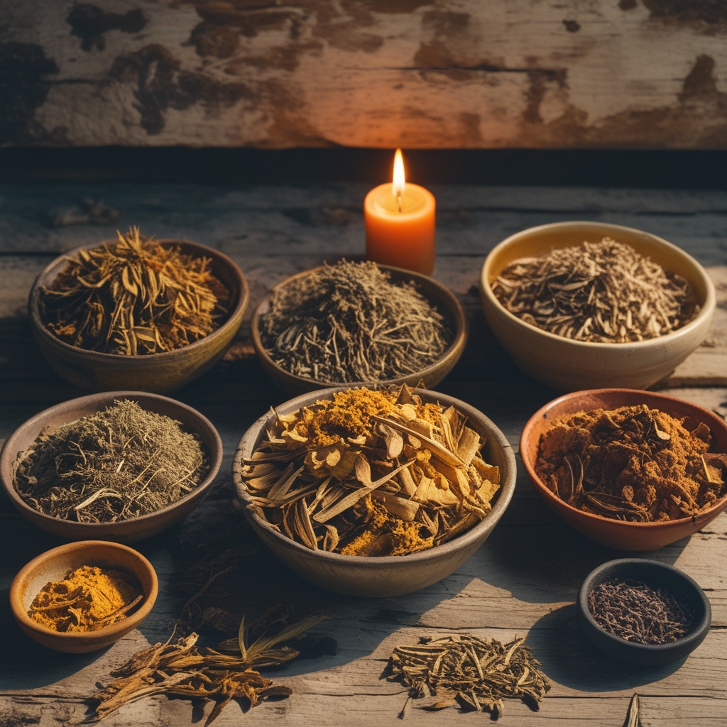 Ancient-looking dried medicinal herbs and botanical specimens arranged in small ceramic bowls on an aged weathered wooden surface with warm candlelight illumination creating deep shadows