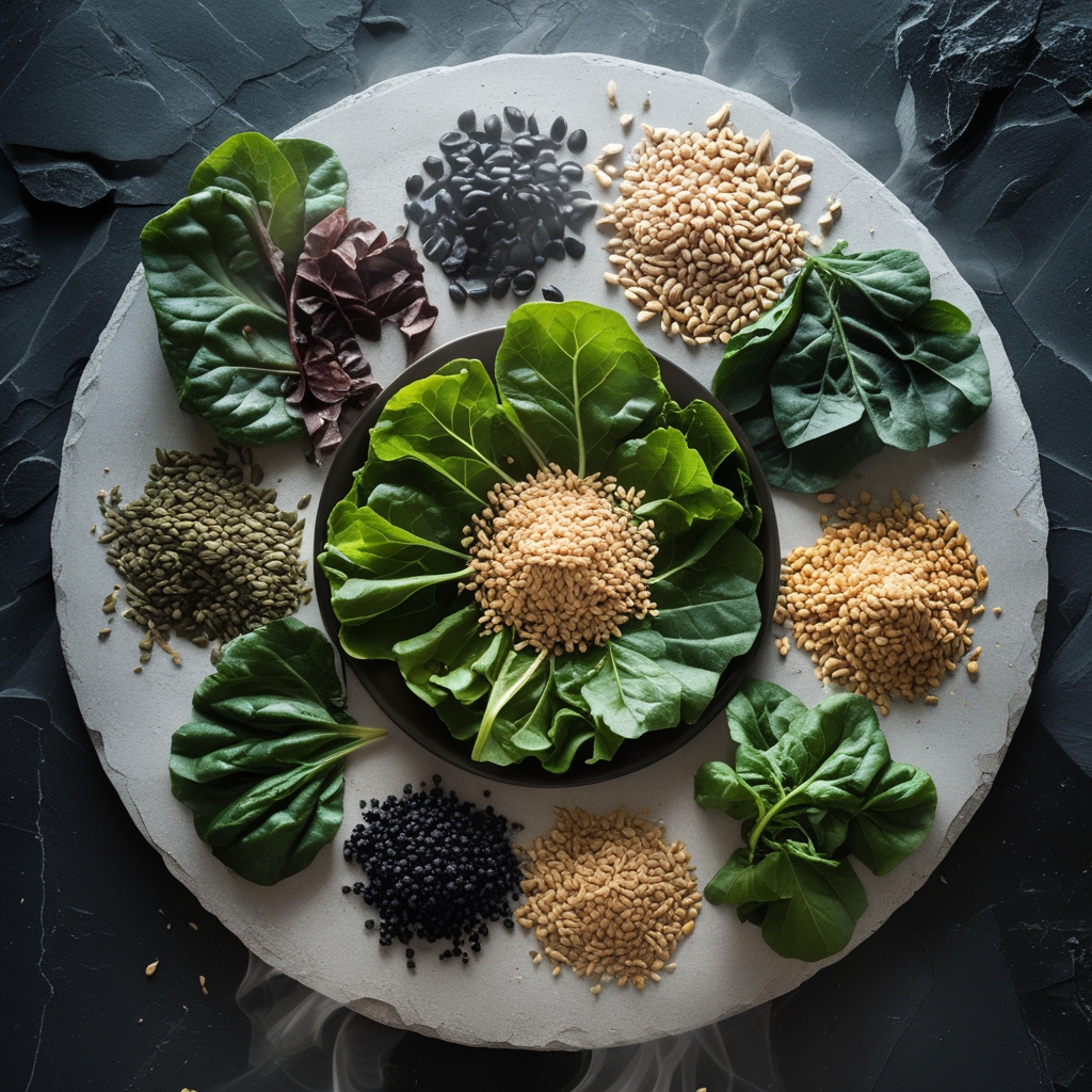 Assortment of natural mineral-rich foods including dark leafy greens, seeds, legumes, and whole grains arranged on a light stone background in a flat lay composition